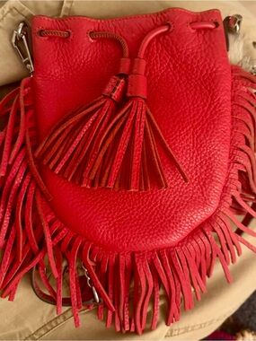 Rebecca Minkoff Red Leather Fringe Drawstring Crossbody